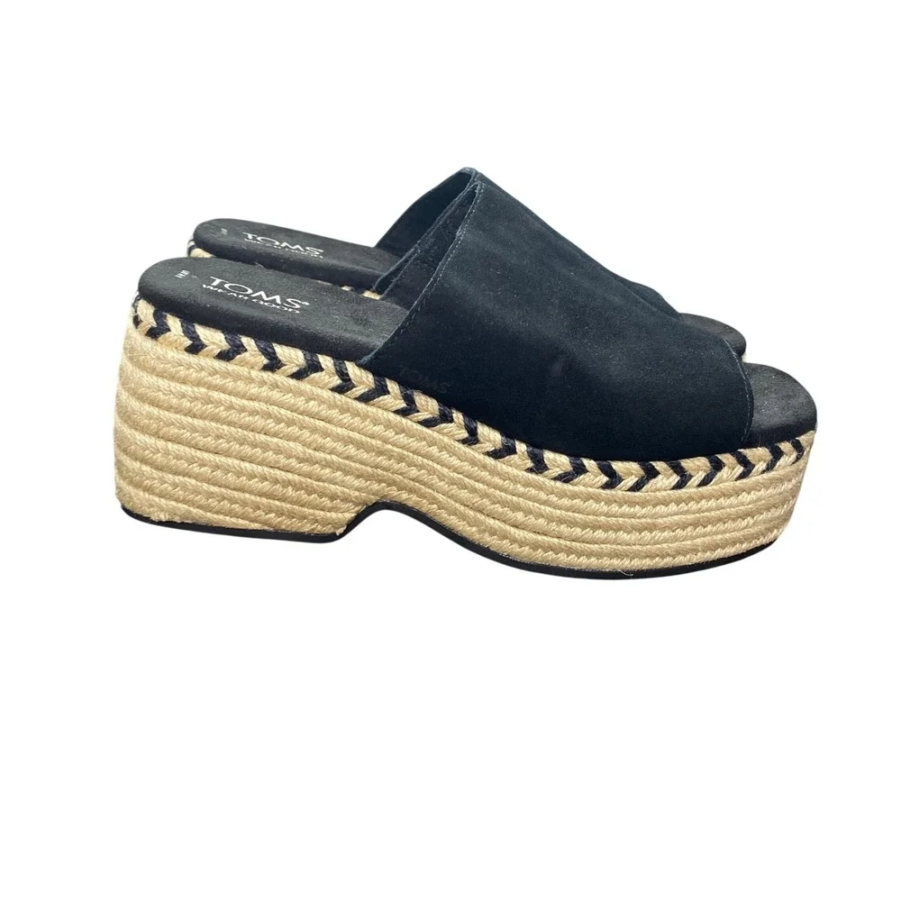TOMS Black Suede Espadrille Platform Slide Sandals Women US 8 Chevron‎ Trim